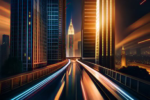 a city at night with lights on the highway. AI-Generated photo