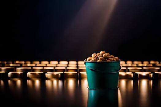 a bucket filled with peanuts on a table. AI-Generated photo