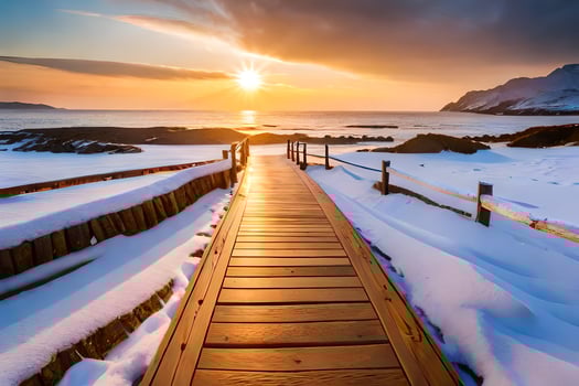 a wooden boardwalk leads to the ocean at sunset. AI-Generated photo