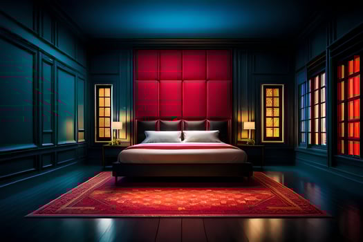 a red bed in a dark room with a red rug. AI-Generated photo