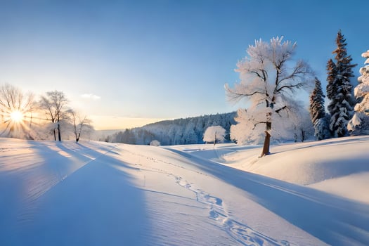 a snowy landscape with trees and sun. AI-Generated photo