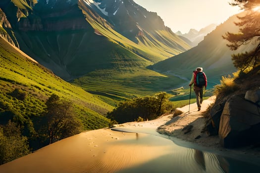 a man with a backpack walking through a valley. AI-Generated photo