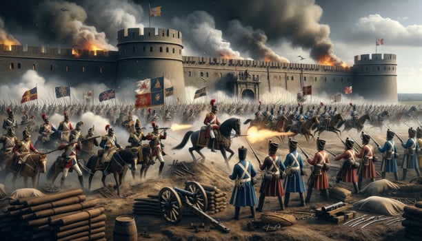 A historic battle scene showcasing soldiers, cannon fire, cavalry charges, and fortifications. AI Generated photo