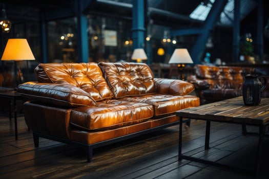 Stylish brown leather sofa in apartment. Generative AI photo