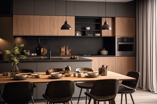AI Generated AI generation. Sleek and modern, the dark kitchen exudes industrial flair and photo