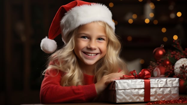 AI generative. Cute little girl in Santa hat with gift box on Christmas background photo