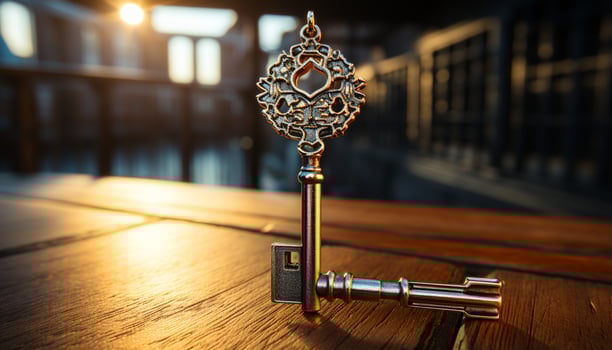 AI generated Ancient metal cross on wooden table symbolizes spirituality and religion generated by AI photo