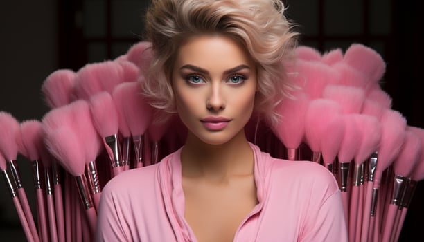 AI generated Young adult woman applying pink eyeshadow, looking at camera, smiling generated by AI photo
