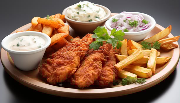 AI generated Grilled meat, fries, salad, and dip on a plate generated by AI photo