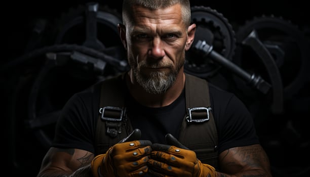 AI generated Confident mechanic with beard, repairing machinery, looking at camera generated by AI photo