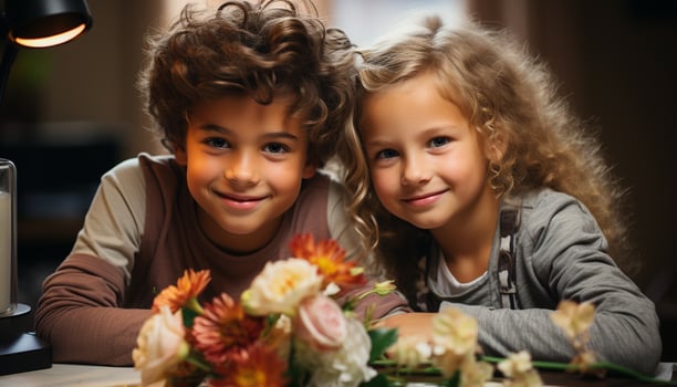 AI generated Smiling boys and girls, cute siblings, happiness indoors, family portrait generated by AI photo