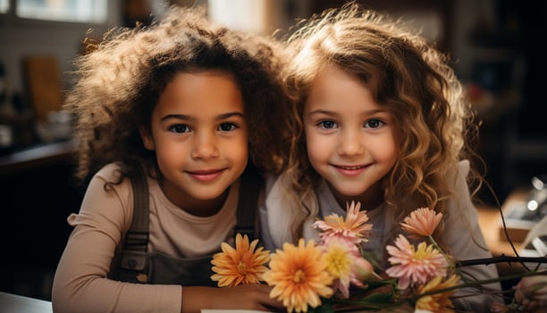 AI generated Two cute girls smiling, looking at camera, indoors, cheerful generated by AI photo