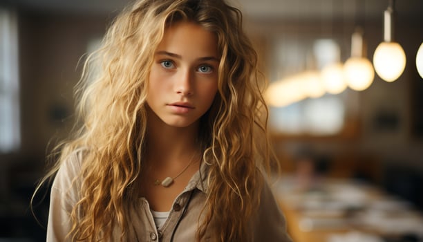 AI generated Beautiful young woman with long blond hair, confidently looking at camera generated by AI photo