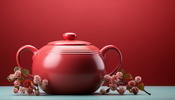 AI generated Hot tea in a teapot, surrounded by flowers and nature generated by AI photo