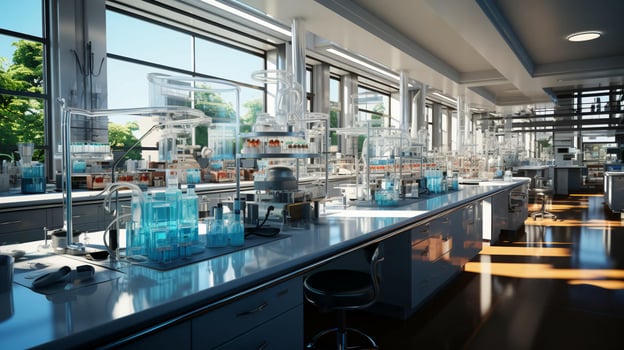 Modern scientific chemical medical research laboratory with equipment and flasks for conducting research and testing experiments photo