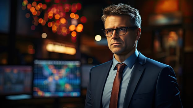 Handsome male news anchor in a classic suit in the studio photo
