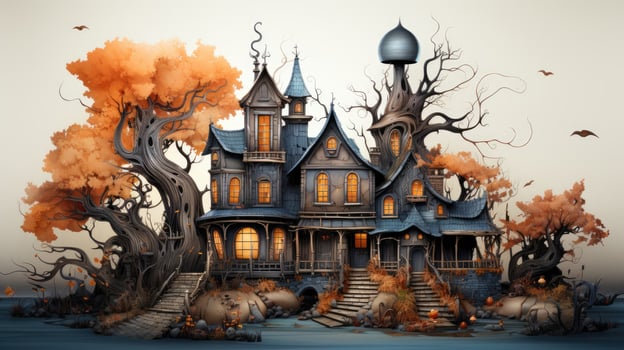 Creepy scary big house mansion castle on a white background, illustration for the holiday Halloween photo