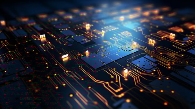 Detailed view of a contemporary electronic circuit board with a CPU, microchip, and various components, cutting-edge technology. Ai generative photo