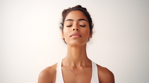 An Indian female yoga instructor looks to the left in a thinking pose AI generated photo