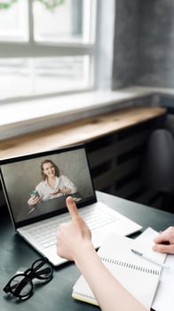 Virtual Connections. Woman Engages in Online Discussion, Work from Home, Freelance, Video Conferencing, Distance Education, and Online Dating Concept photo