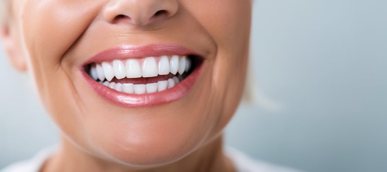 Generative AI, senior woman mouth or teeth smiling, hygiene or dental cleaning cosmetic service photo