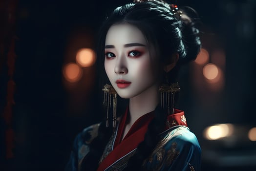 Asian woman in kimono at night. Neural network AI generated photo