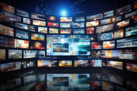 Many TV screens in room. Generative AI photo