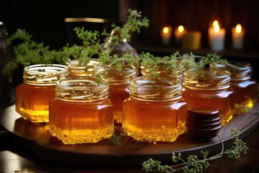 jar filled with honey on wooden table AI Generated photo