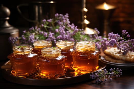 jar filled with honey on wooden table AI Generated photo