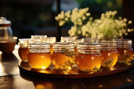 jar filled with honey on wooden table AI Generated photo