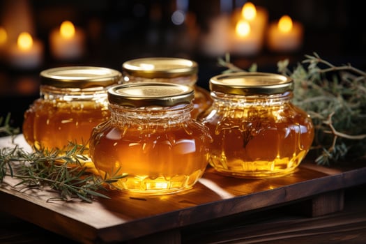 jar filled with honey on wooden table AI Generated photo