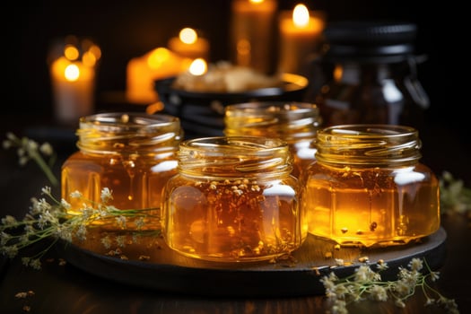 jar filled with honey on wooden table AI Generated photo