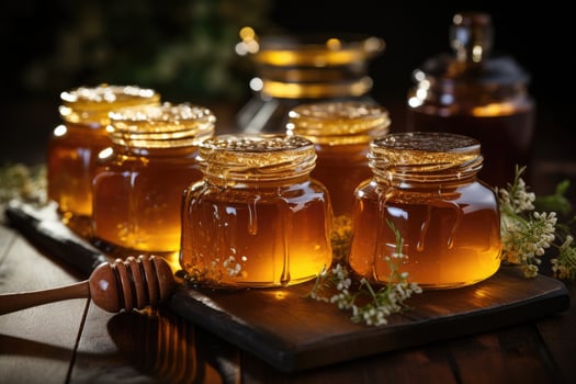 jar filled with honey on wooden table AI Generated photo
