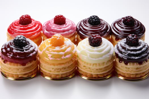 photos of tarts in indoor kitchen table photo studio AI Generated