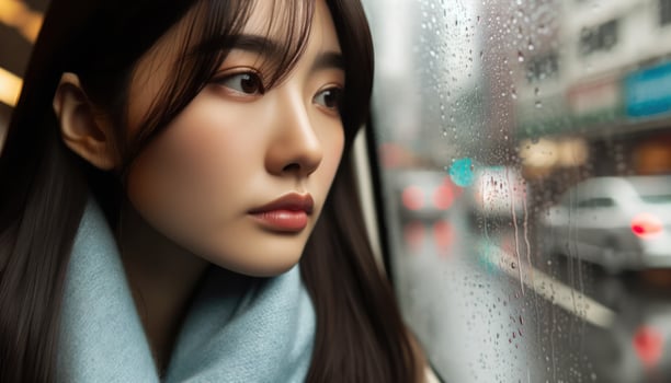 An asian woman gazing out the car window.. Generative AI photo