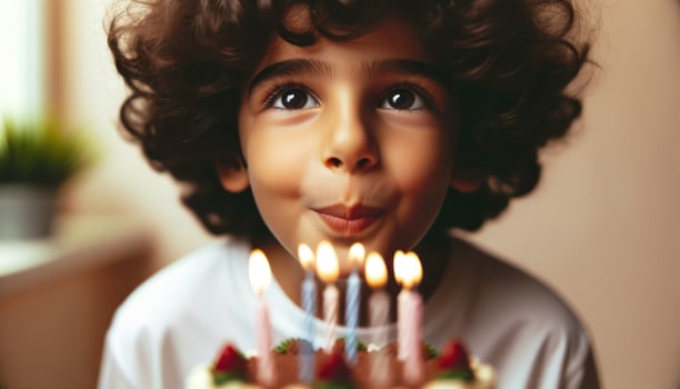 Young boy celebrating birthday by blowing out candles on cake.. Generative AI photo