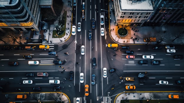 An aerial view of a bustling city intersection, captured in an image.. Generative AI photo