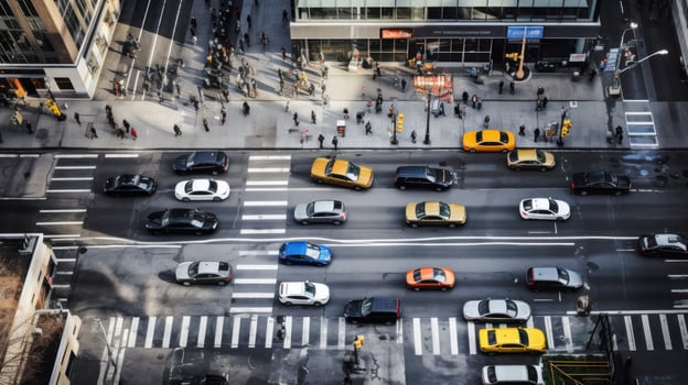 An aerial view of a bustling city intersection, captured in an image.. Generative AI photo