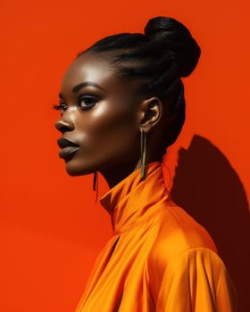 Beautiful African woman with braids wearing an elegant orange dress, radiating grace and confidence.. Generative AI photo