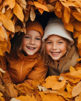 Two joyful kids, their faces beaming, surrounded by vibrant autumn leaves, creating a picturesque moment of pure happiness.. Generative AI photo