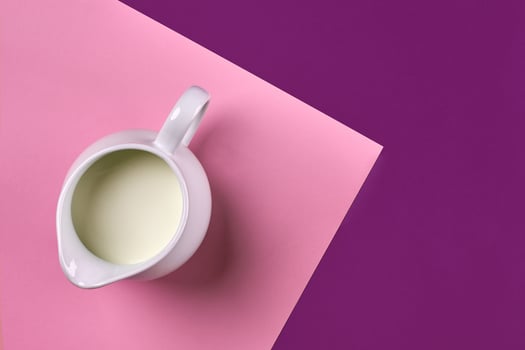 White ceramic jug of fresh milk on purple and pink background. Top view photo
