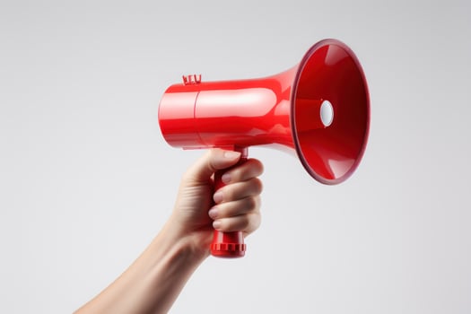 Hand with a megaphone, on a white background. Generative AI photo