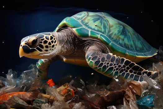 Green sea turtle in plastic trash dump on dark background. Pollution concept, Portray the devastating effects of plastic pollution on marine life, emphasizing the need for, AI Generated photo