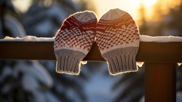 ai generative Mittens, snow gloves in the snow in early morning sunlight photo