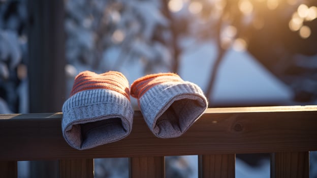 ai generative Mittens, snow gloves in the snow in early morning sunlight photo