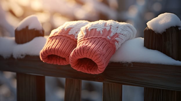 ai generative Mittens, snow gloves in the snow in early morning sunlight photo