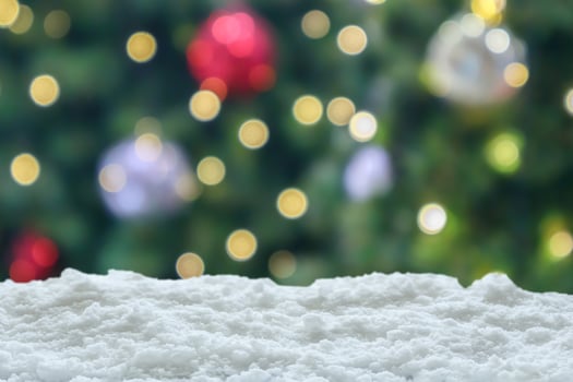 Empty white snow with blur Christmas tree with bokeh light background photo