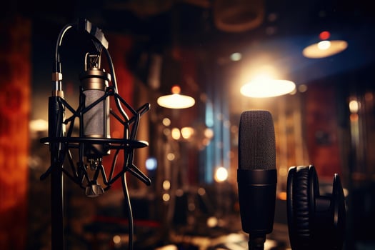 Professional microphone on stage in recording studio. Microphone and sound equipment, recording studio in the background with a microphone, AI Generated photo