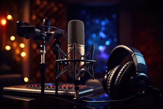 Professional microphone and headphones on stage in recording studio. Music concept, recording studio in the background with a microphone, AI Generated photo