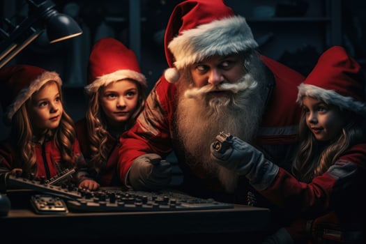 Santa Claus and his children playing computer games at home. Christmas and New Year concept, Santa clause and his tiny worker elves in the workshop. North Pole.movie style, AI Generated photo